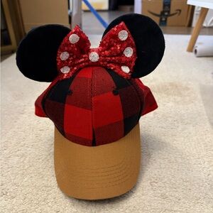 Red Plaid Minnie Mouse Cap with Sequin Bow